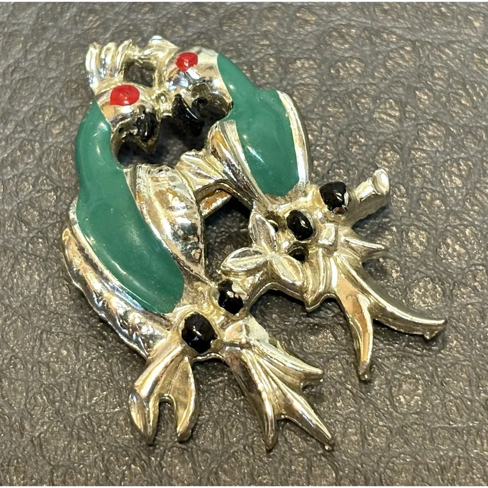 Vintage 1940s Love Birds Brooch Silver Tone Green Enamel Pin